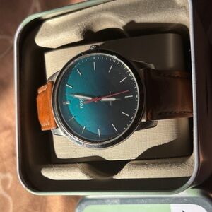 Fossil Teal Dial Tan Leather Watch